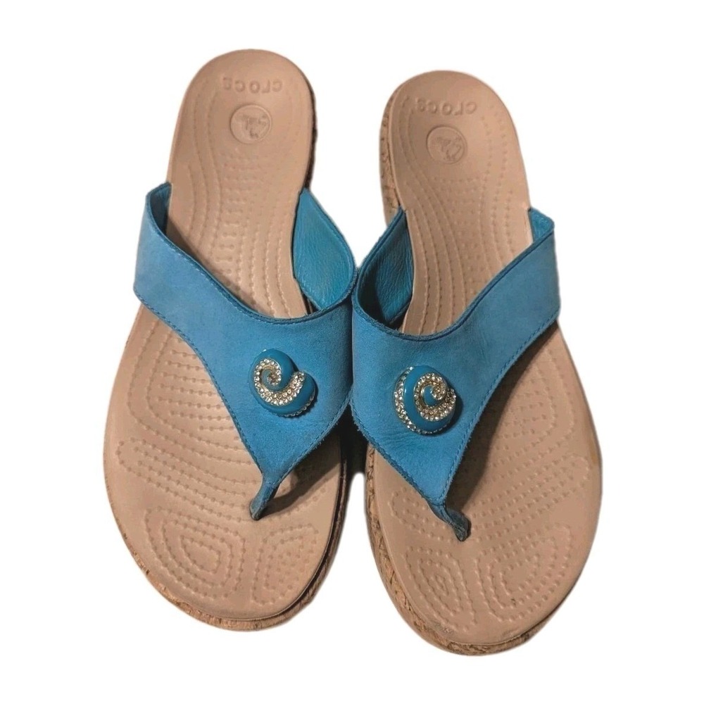 Crocs Leigh Blue Leather Cork Platform Wedge Sandals Seashell Rhinestone Women 9